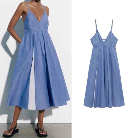 Zara striped poplin dress blue - Picture 1 of 9